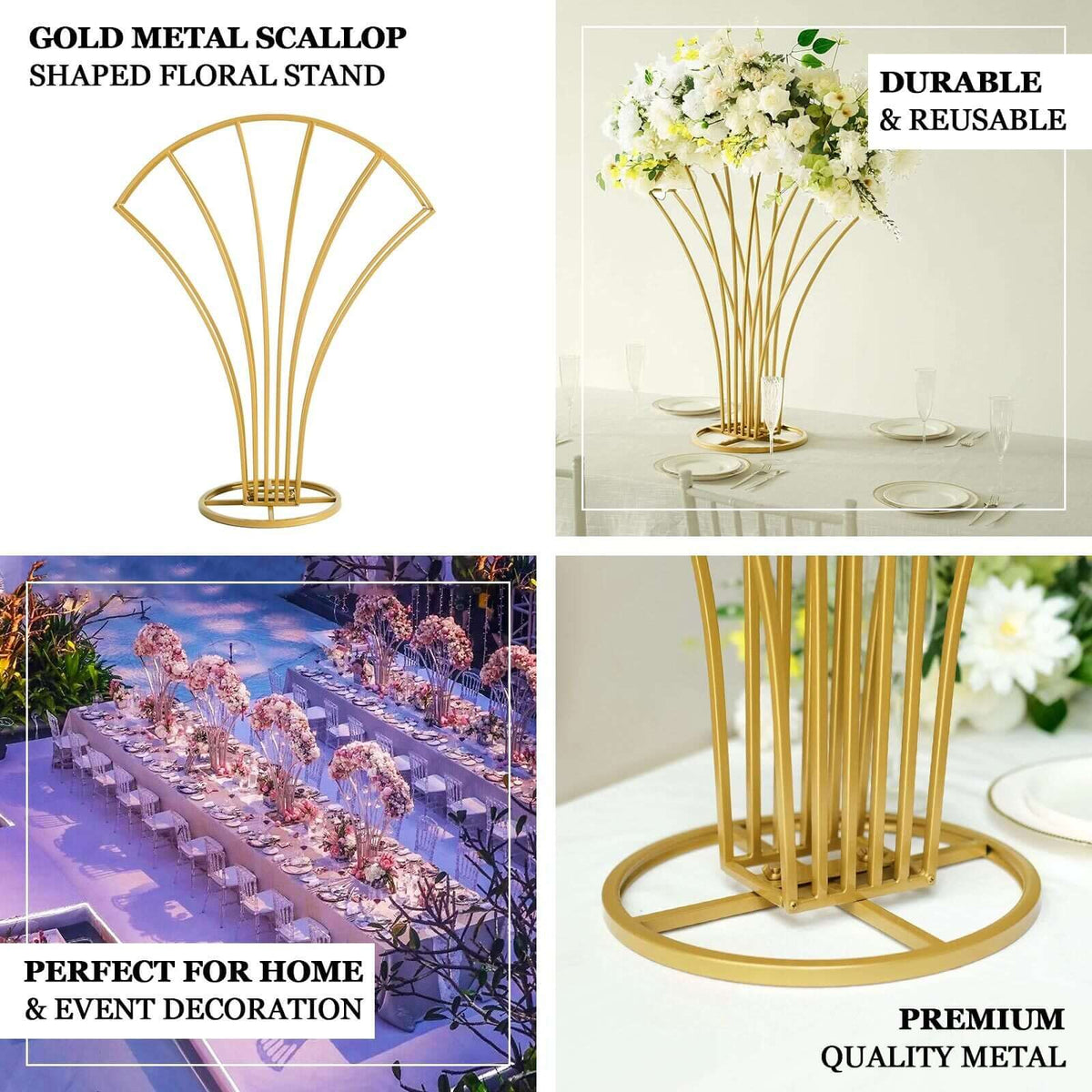 Gold Metal Flower Frame Table Centerpiece 32" Scalloped Fan Shape Design - Wedding Floral Display Stand