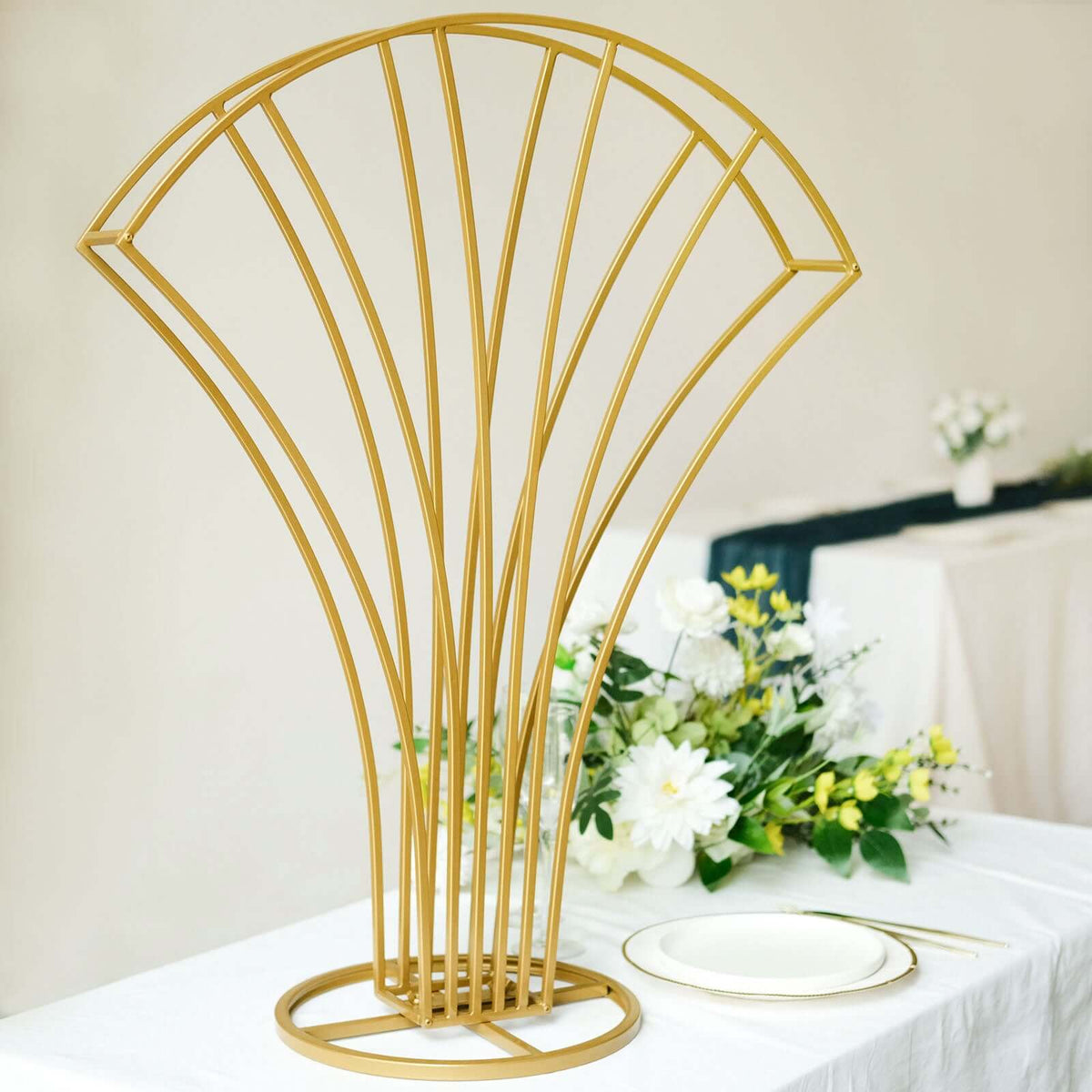 Gold Metal Flower Frame Table Centerpiece 32" Scalloped Fan Shape Design - Wedding Floral Display Stand