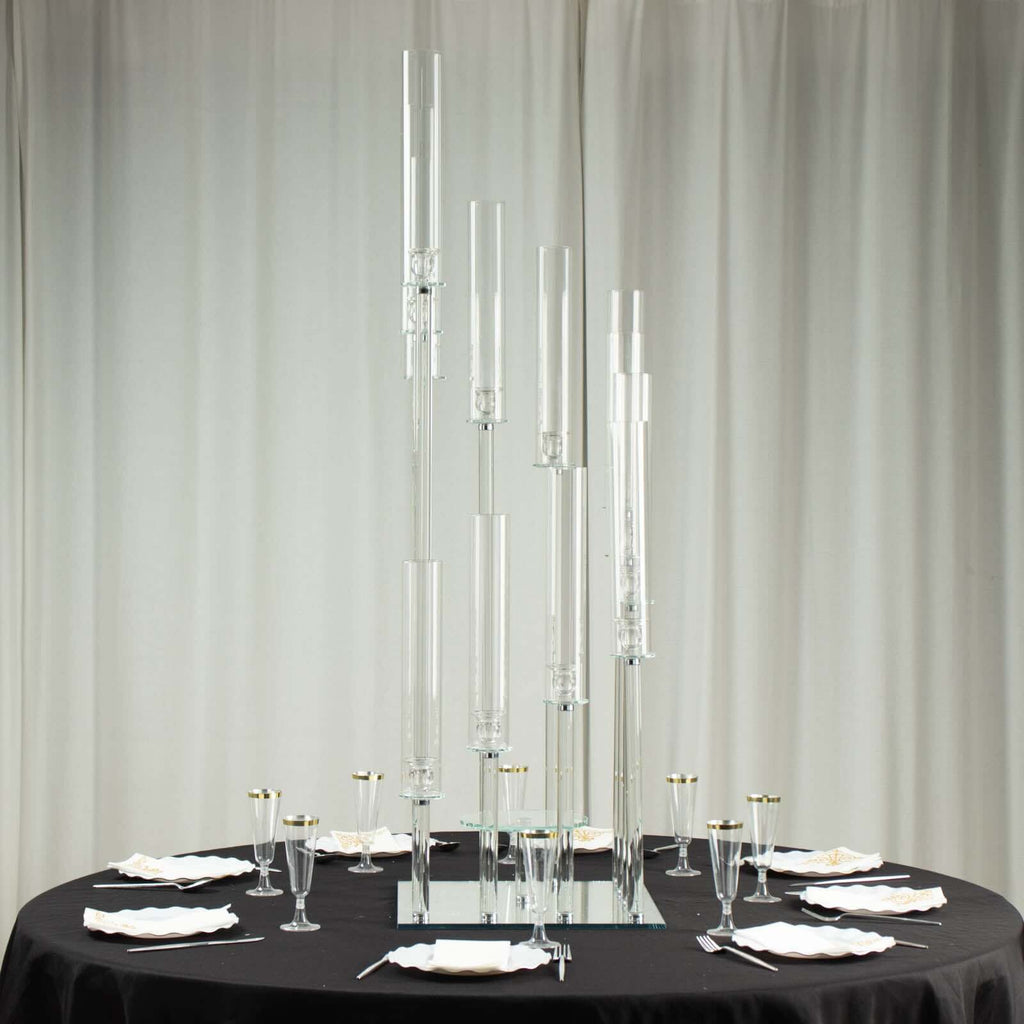 12-Arm Crystal Glass Cluster Candelabra Pedestal Stand 4.5ft - Square Hurricane Taper Candle Holder Table Centerpiece
